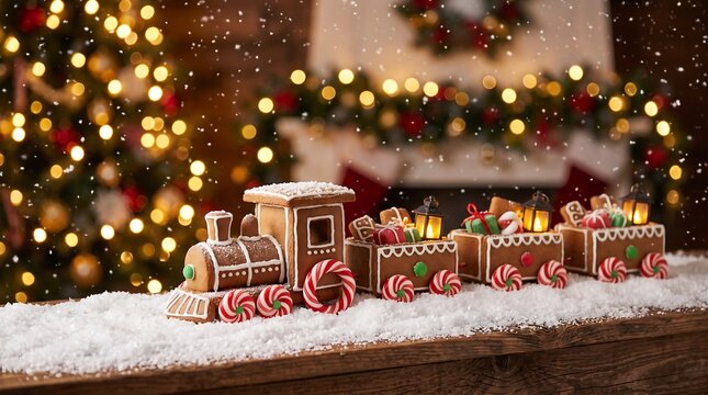 Magical Gingerbread Train with Sweets and Gifts in Cozy Room