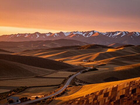 Golden Hour Sunset Over Patchwork Hills Biei Hokkaido