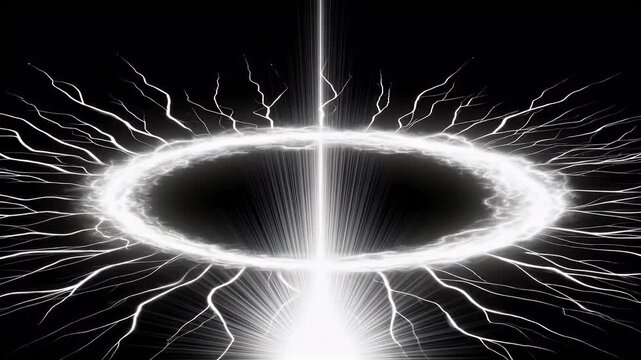 発光するリングから無数の雷が放たれる未来的なエフェクト映像