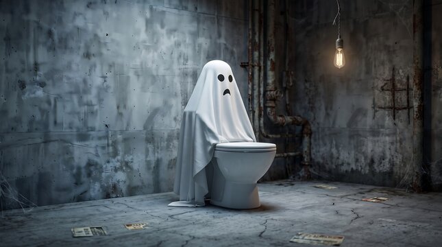 Sad Ghost Sitting on Toilet in Gloomy Abandoned Room
