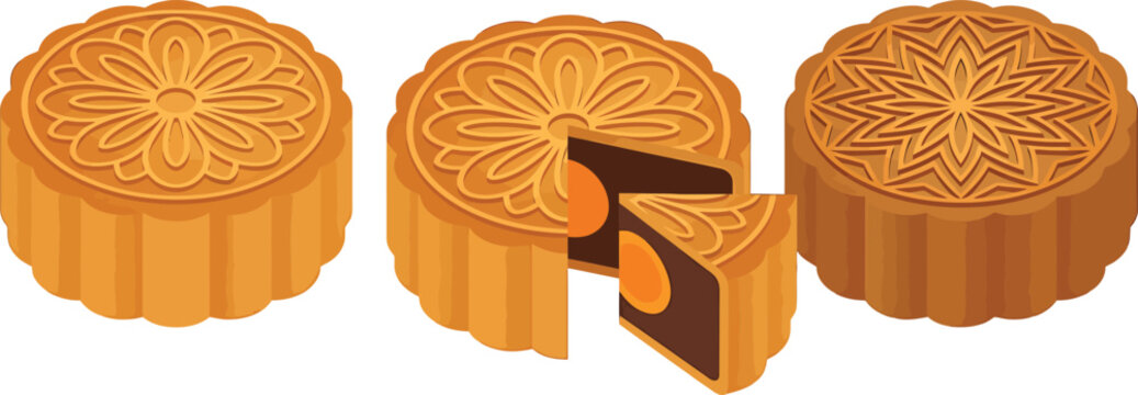 Traditional Chinese mooncakes with intricate floral patterns and salted egg yolk filling isolated on white background vector