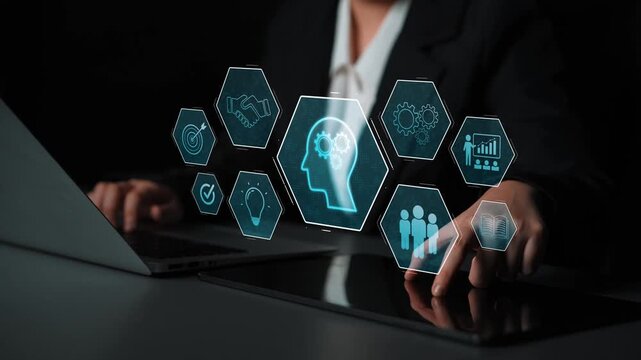 Head with gear and icons representing learning, digital training, and development process, showing skill growth for human or AI systems through knowledge or task optimization Marrow