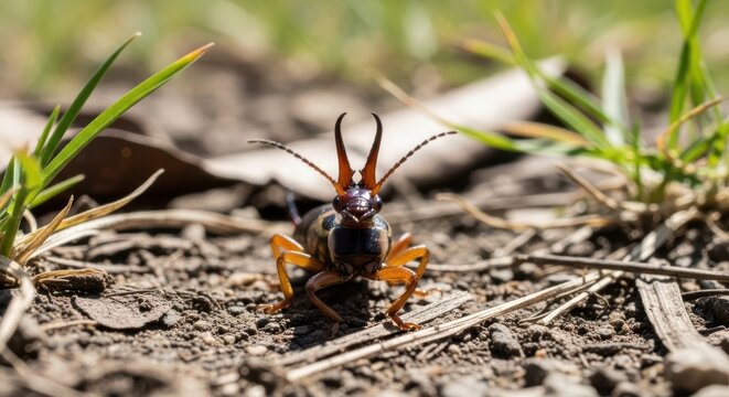 Close-up of an Earwig insect with prominent cerci on soil