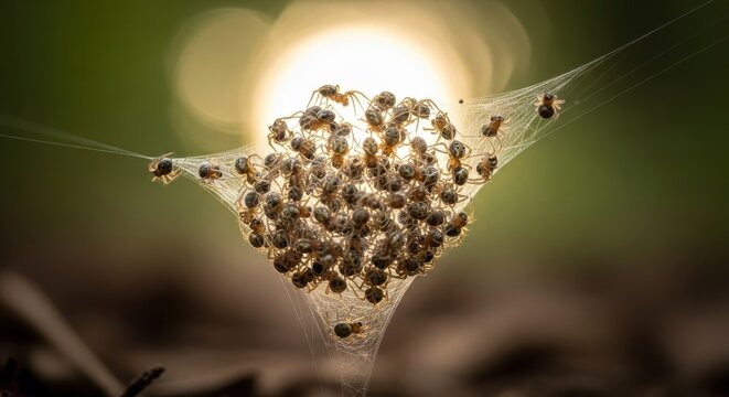 Clustered Spiderlings in Web with Sunlight Bokeh