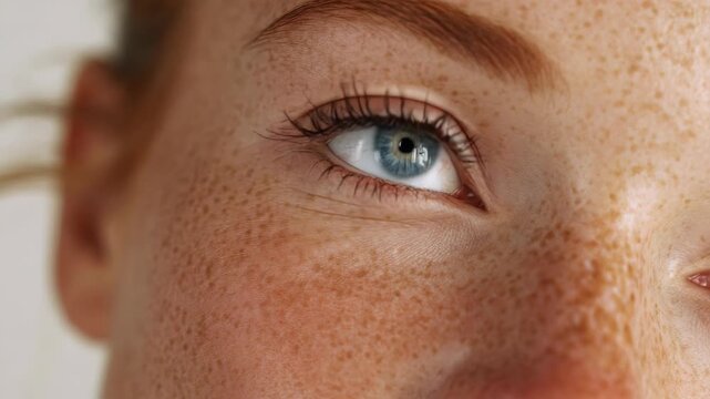 Close-up of blue eye with freckles. Soft focus on skin texture and lashes. Gentle light highlights eye's natural detail. Realistic, high-resolution human eye capture. Ideal for beauty, skincare