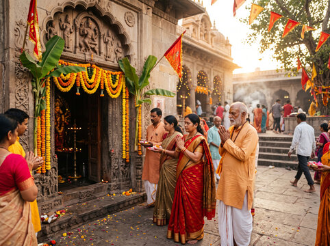 Devotees Gathering at a Decorated Temple Entrance During Durga Puja Festival Celebration