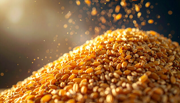 Golden Grains Cascade: A close-up shot reveals a shimmering cascade of golden wheat grains, with a soft, ethereal light illuminating the texture and detail of each kernel.