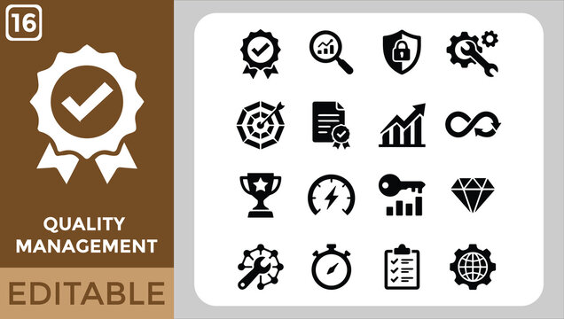Quality management icons and symbols displayed on a brown background