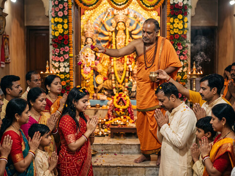 Hindu Priest Blessing Devotees Before the Durga Idol During Durga Puja Festival Ceremony