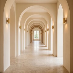 Obraz premium Arched Hotel Spa Corridor with Warm Wall Lights Neutral Stone Floor and Copy Space