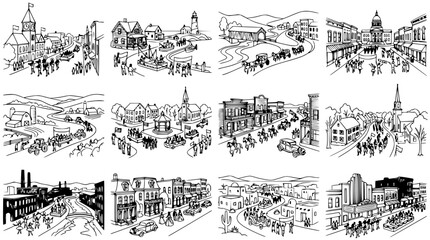 Obraz premium Vintage Town Scenes: A Collection of Historical Cityscapes and Village Life Illustrations