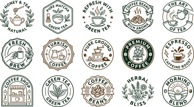 Vintage coffee and tea labels set featuring shop badges for morning blend matcha espresso turkish caffeine booster vector