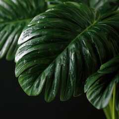 Fototapeta premium Large green monstera leaf with glossy texture, natural pattern, and water droplets on dark background, tropical foliage detail