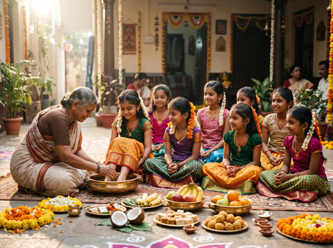 Elder Teaching Children Traditional Festival Preparations During Durga Puja Family Celebration