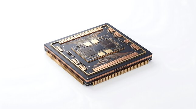 High-resolution studio shot of an advanced AI processor computer chip isolated on a clean white background