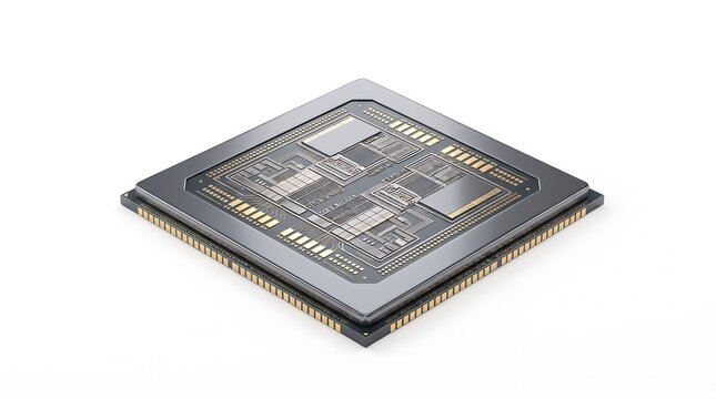 Modern computer processor chip microchip electronic component isolated on white background