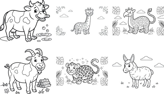 Adorable black and white coloring book illustrations of cute mythical sea animals