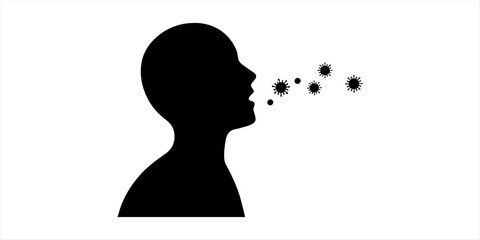 Concept illustration of man coughing spreading virus particles with infection. Silhouette of a sick person coughing spreading viruses in the air. Silhouette of a sick person coughing spreading viruses