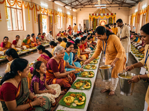Volunteers Serving a Community Feast During Durga Puja Festival Celebration