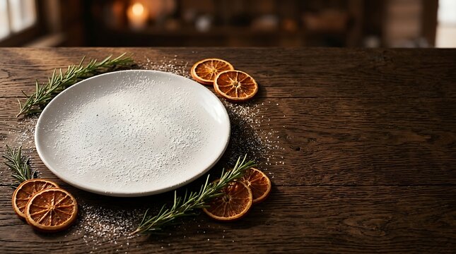 White bowl of powdered sugar on wooden table with citrus slices. Rustic food styling setup for baking and dessert photography.