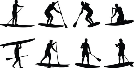 Naklejka premium Stand up paddle board silhouette vector set with sup surfers paddling and carrying boards isolated on white