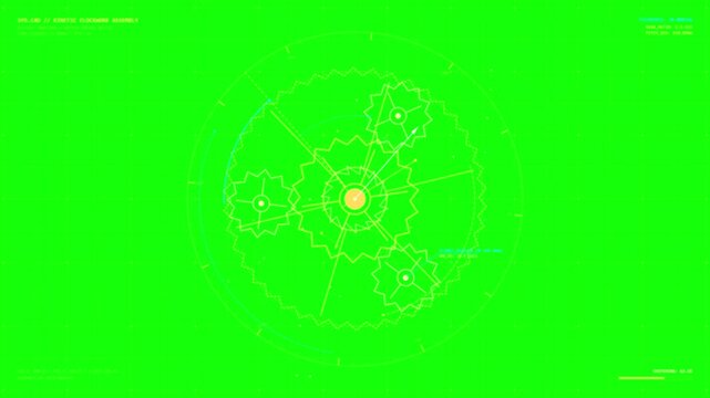 Abstract Kinetic Parametric Gear Mechanism Overlay with Digital HUD Data on Green Screen Background