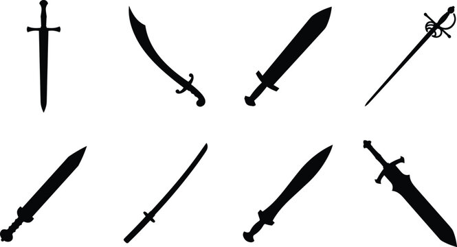 Sword and blade silhouette vector collection featuring historical cold weapons and medieval melee combat gear