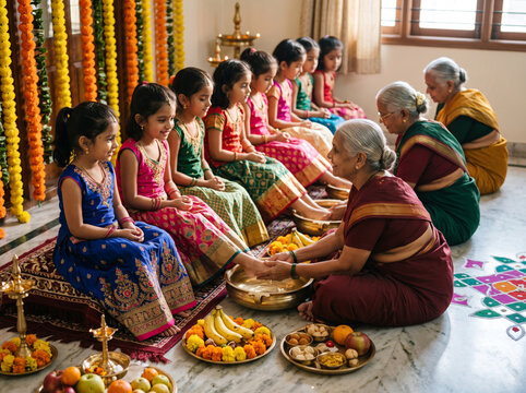Elderly Women Blessing Young Girls During a Traditional Durga Puja Festival Ritual