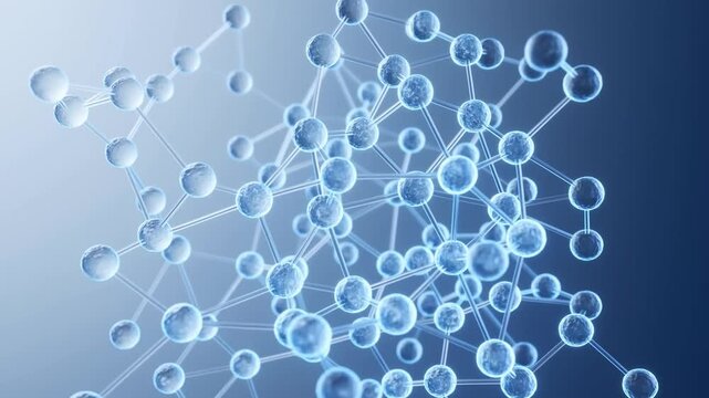 Blue molecular structure with connected spheres representing biotechnology and scientific research concepts