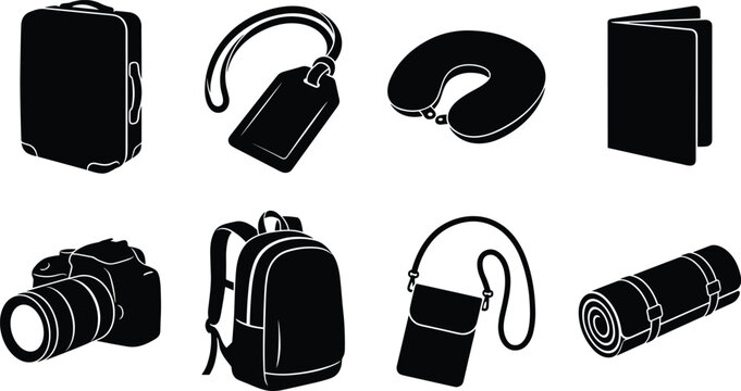 Travel accessories silhouette icon set featuring suitcase neck pillow dslr camera passport and backpack vectors