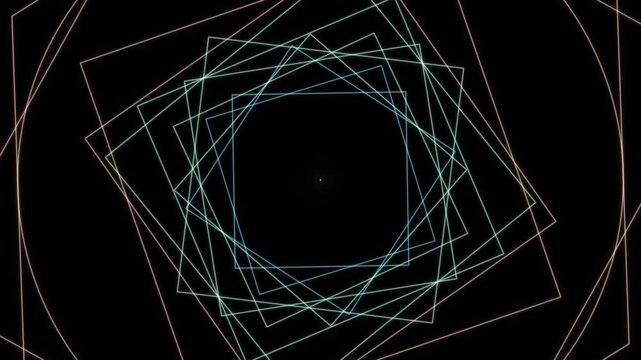 A seamless animation featuring a tunnel of overlapping cyan and orange squares rotating against a black background.