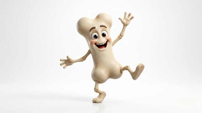 Happy Cartoon Bone Character Dancing: A cheerful anthropomorphic bone character with a smiling face and expressive eyes dances with joy, its limbs in motion, conveying a sense of health and vitality.