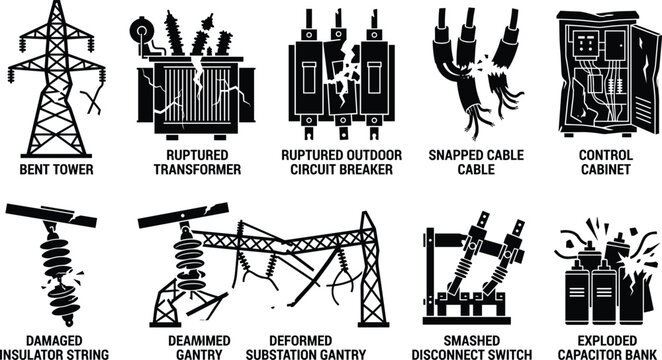 Vector silhouette icon set of damaged electrical power grid infrastructure and broken utility equipment after a natural disaster