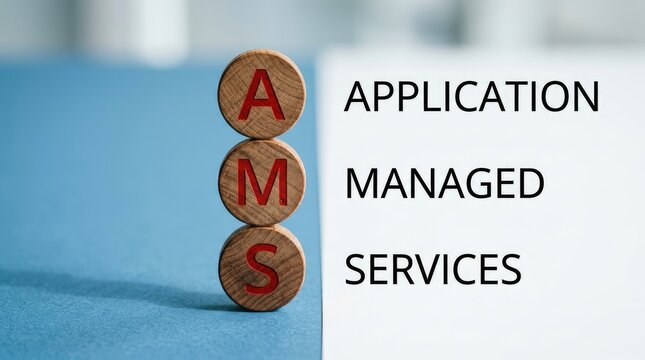 Professional wooden blocks stacked to spell application managed services concept with gradient background paired vertically red lettering lettering spelling ams