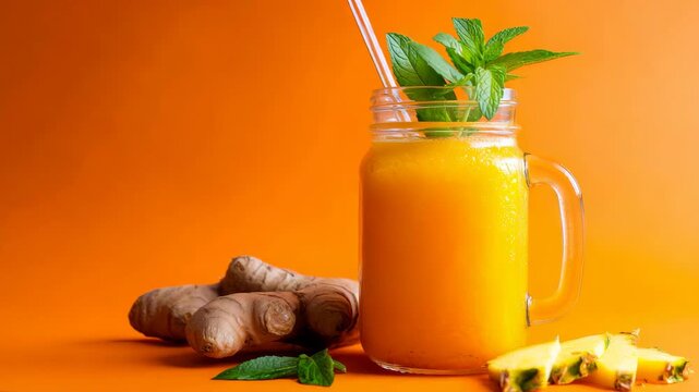 A refreshing citrus smoothie garnished with a slice of ginger and sprig of lime on an orange background.