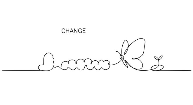 Continuous line drawing of caterpillar transforming into butterfly, symbolizing change and growth.