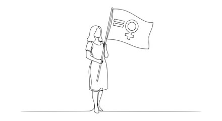 Woman holding feminist equality flag, continuous line drawing