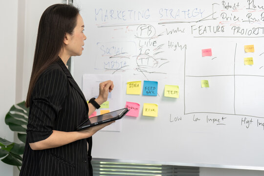 Woman stands beside whiteboard, pointing at sticky notes. She holds tablet, focused on marketing strategy. Colorful notes organize features, pricing, and positioning