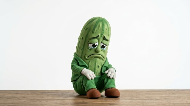 Sad Pickle Personification: A clay-animated pickle, dressed in a green suit, sits slumped and crying, embodying feelings of sorrow and disappointment.