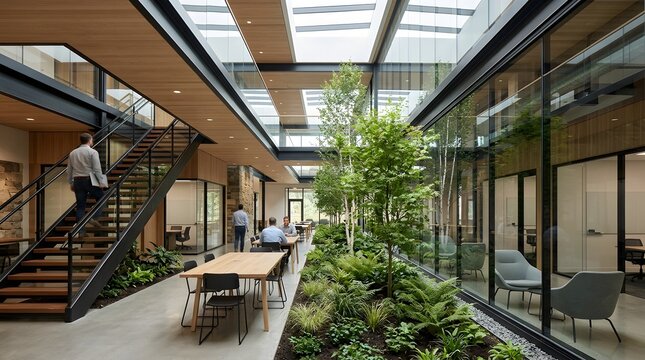 Green corporate campus interior featuring skylight and lush indoor garden integrated into modern open plan workspace for sustainable business