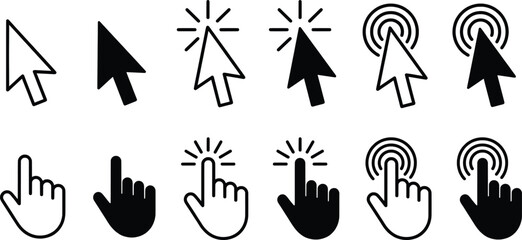 Fototapeta premium Minimalist mouse cursor icon set, black and white computer pointer arrows, 12 digital hand clicker icons for web interface design