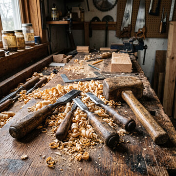 Woodworking Workshop with Chisels, Mallet, and Wood Shavings