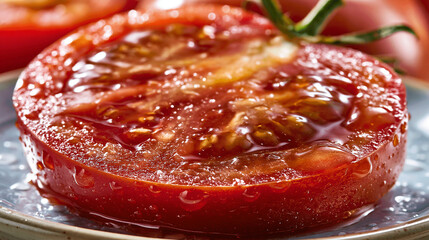 Fresh sliced organic red tomato with water droplets on a rustic metal plate, vegetable © Shahazadi