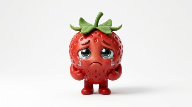Sad Strawberry Character: A lonely strawberry character with a sad face and tearful eyes, anthropomorphized with tiny arms and legs, conveys a feeling of sorrow and disappointment.