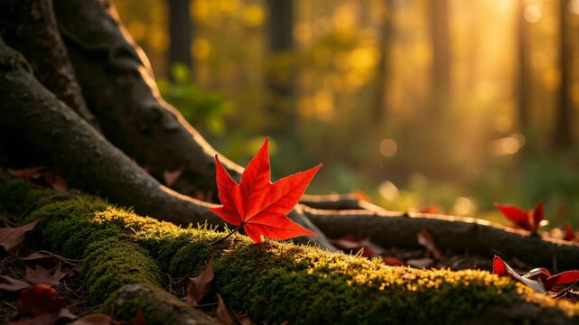 Red maple leaf sitting on mossy tree root under sunlight filtering through the trees.