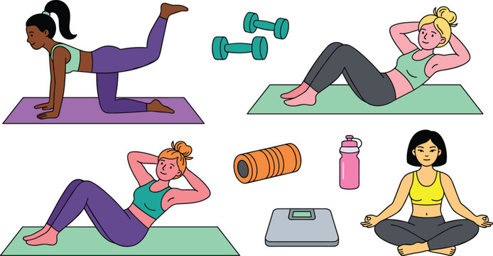 Diverse Women Fitness and Workout Vector Character Set with Yoga Meditation, Abs Crunches, Glute Kickbacks, and Gym Equipment Icons for Wellness Designs
