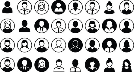 Fototapeta premium Minimalist user profile avatar icons, set of 32 black and white person silhouettes, professional human head and shoulder symbols for web interface
