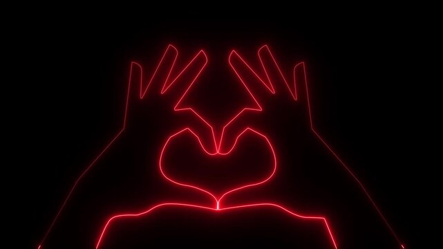 Two hands in the form of a heart neon line animation. Love sign hand drawing animation 4k video..