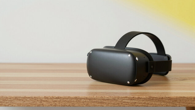 Black VR headset on a wooden table against a light background.