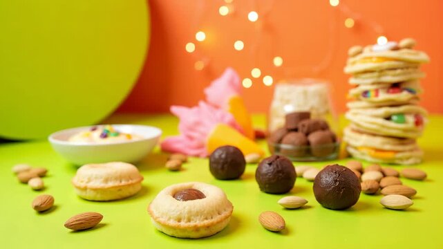Bright green surface holds assorted sweet treats. Delicious cookies, chocolates, and nuts scattered nearby. Soft bokeh lights glow warmly in the background